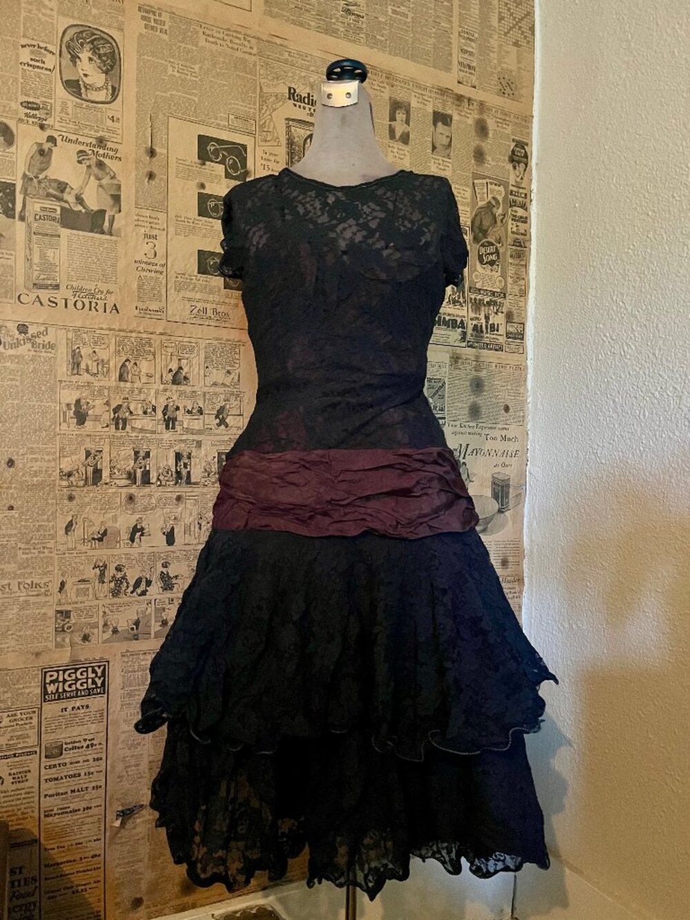 80s TD4 by Electra Lace Tiered Dress Victorian Romantic Drop Waist